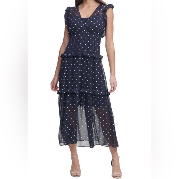 Tommy Hilfiger Dresses & Skirts - Women's Tommy Hilfiger Sleeveless Ruffled Tiered Polka Dot Maxi Dress Sz 4 navy